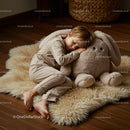 Young boy sleeping peacefully with plush toy on rug