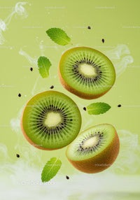 Fresh kiwi slices with mint leaves on light background