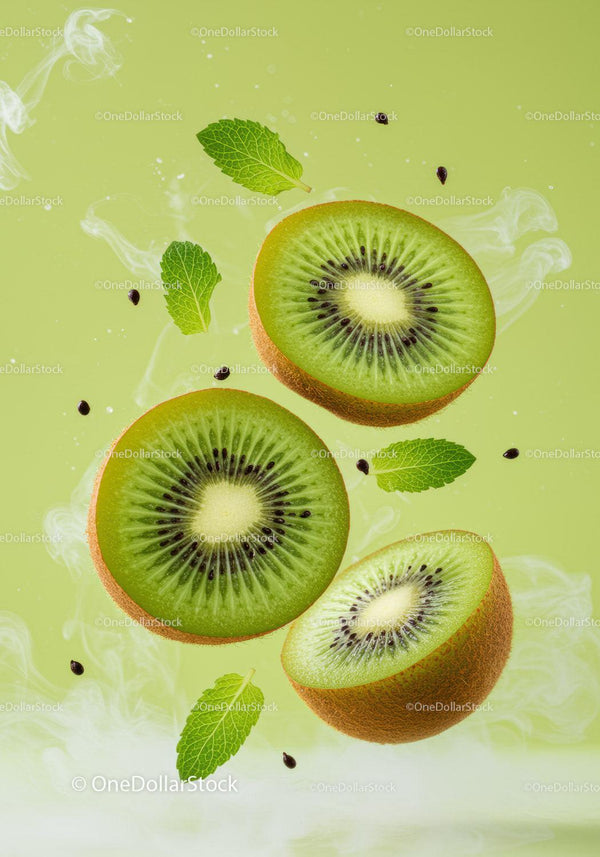 Fresh kiwi slices with mint leaves on light background