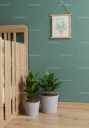 Indoor Green Plants in White Pots Next to Wooden Nursery Crib and Wall Art