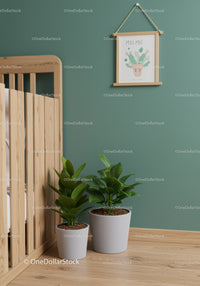 Indoor Green Plants in White Pots Next to Wooden Nursery Crib and Wall Art