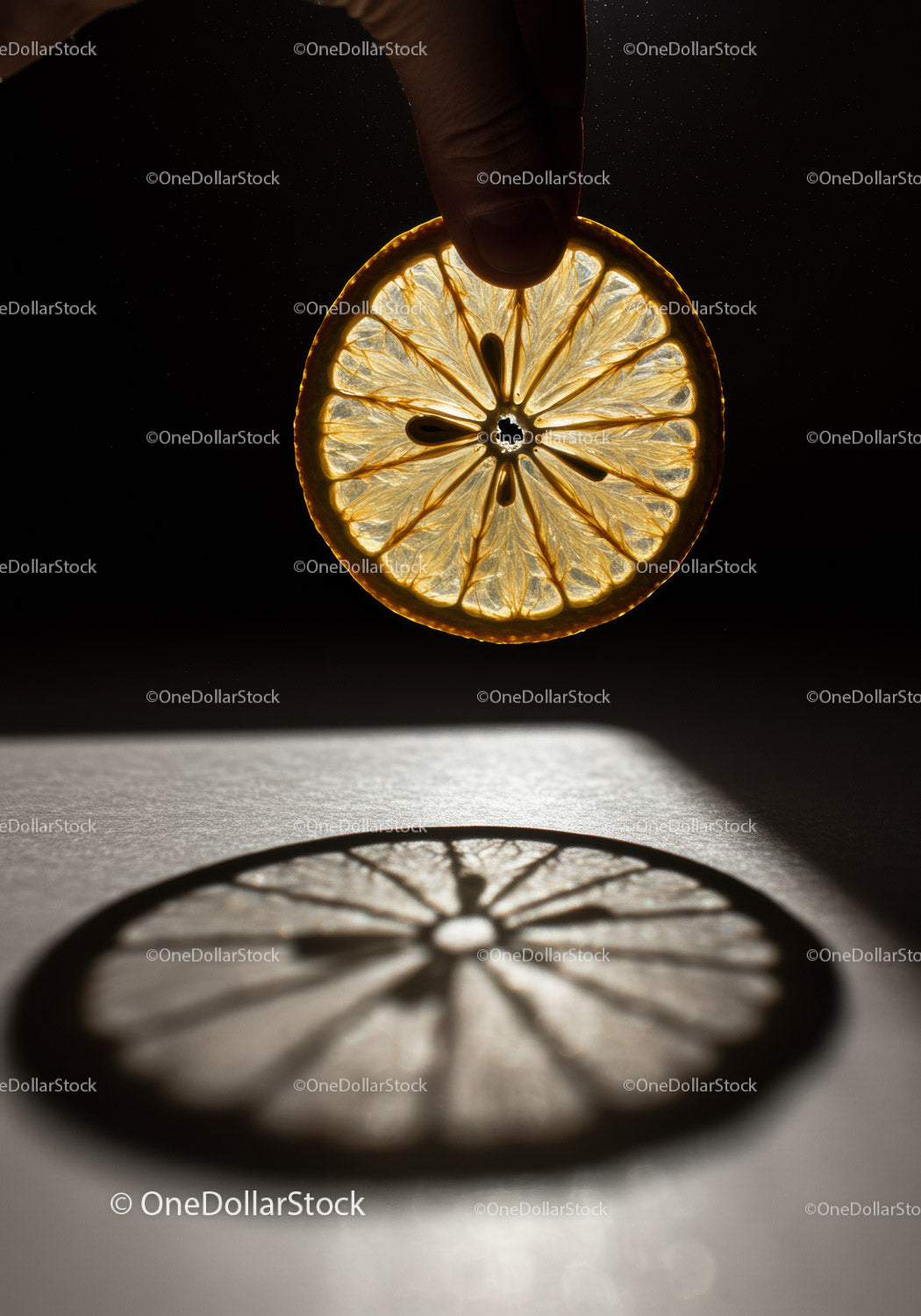 Hand holding dried lemon slice casting shadow