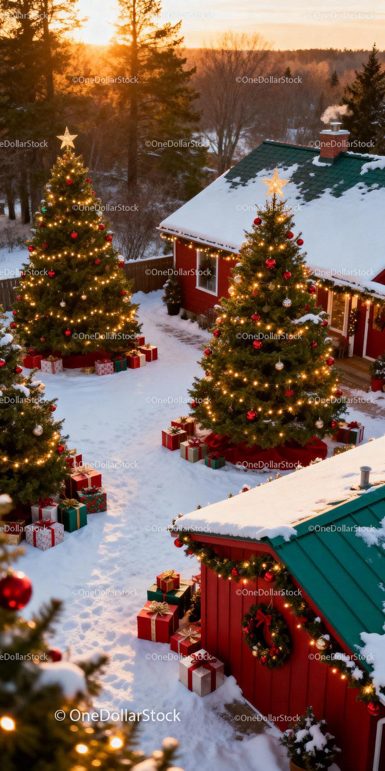 Cozy Winter Evening with Decorated Christmas Trees