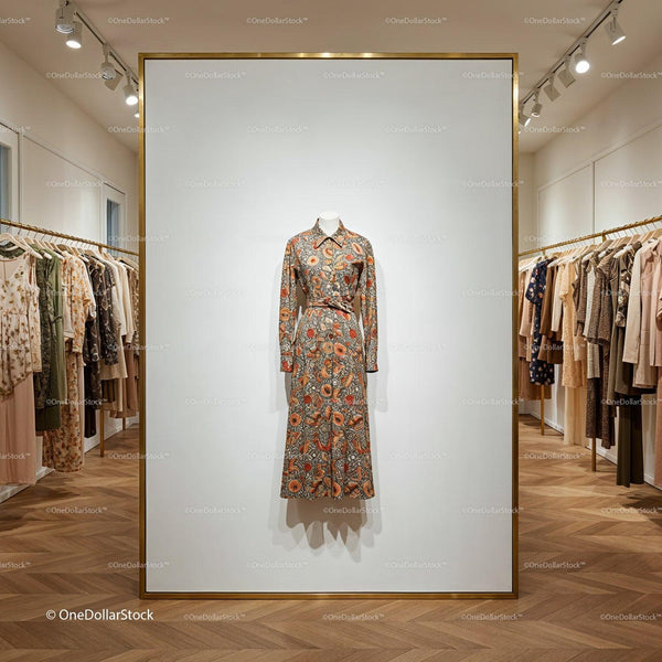 Floral long sleeve dress on mannequin in boutique JPG Mockup Image