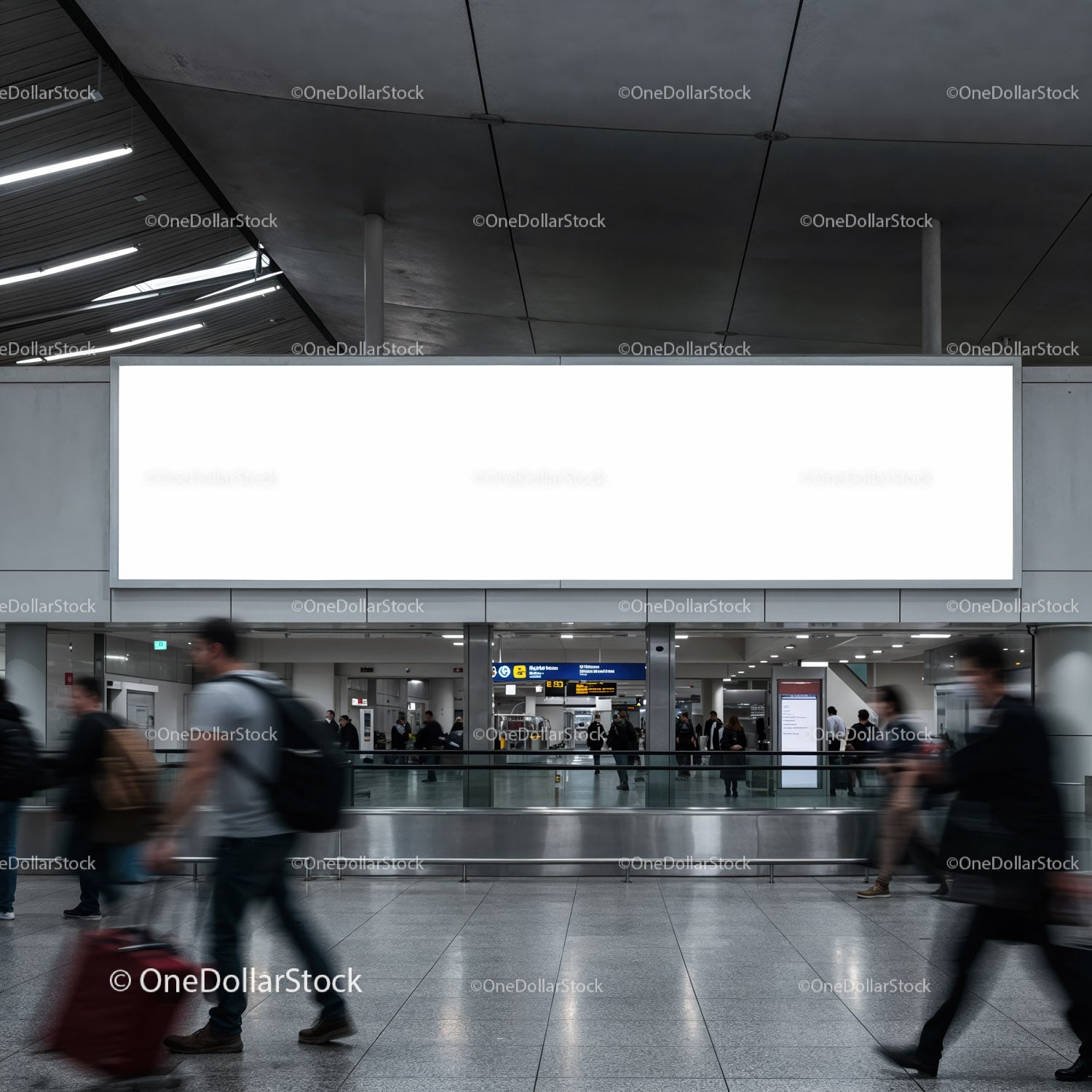 Busy modern airport terminal with blank billboard