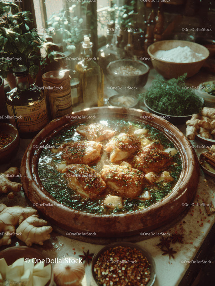 Delicious Chicken Dish with Fresh Herbs and Spices in Rustic Kitchen