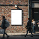Blank vertical billboard on urban brick wall with pedestrians