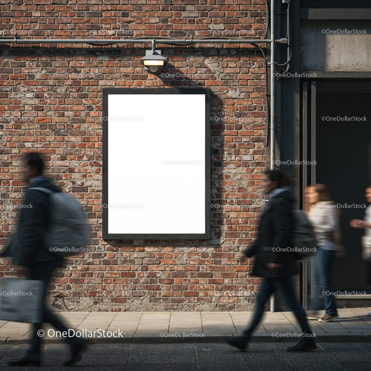 Blank vertical billboard on urban brick wall with pedestrians