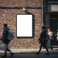 Blank vertical billboard on urban brick wall with pedestrians