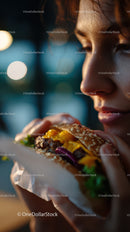 Close-up of a woman enjoying a juicy cheeseburger outdoors at night