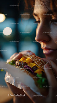 Close-up of a woman enjoying a juicy cheeseburger outdoors at night