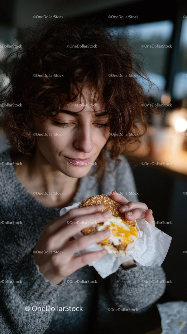 Young Woman Enjoying a Cheeseburger in Cozy Cafe Ambience