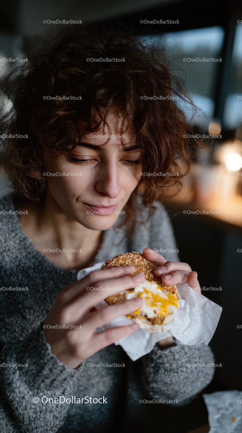 Young Woman Enjoying a Cheeseburger in Cozy Cafe Ambience