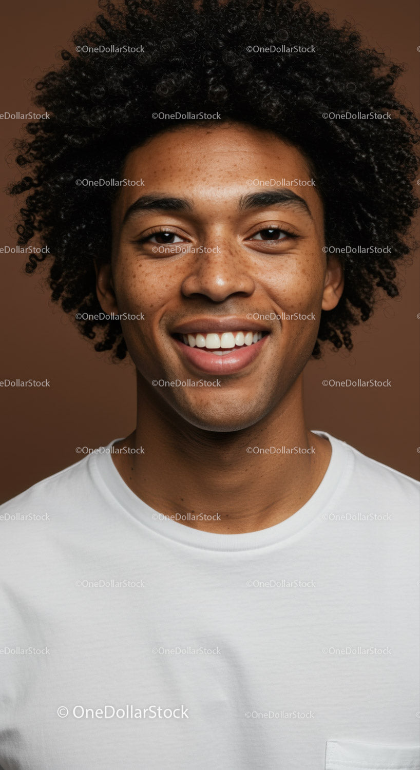 Smiling African American Man with Curly Hair in White T-Shirt