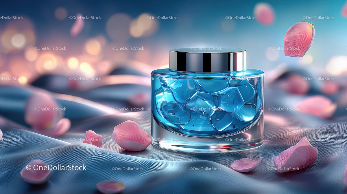 Elegant Glass Jar of Skincare with Pink Petals on Soft Fabric