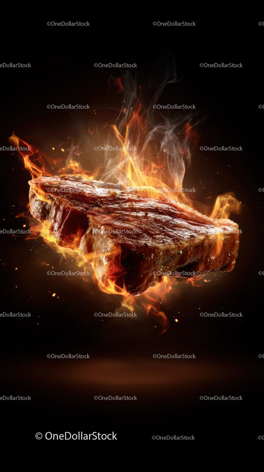 Burning Raw Steak with Flames for Grilling and Cooking