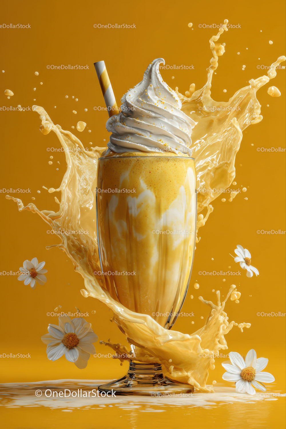 Creamy Vanilla Milkshake with Splash and Daisies on Yellow Background