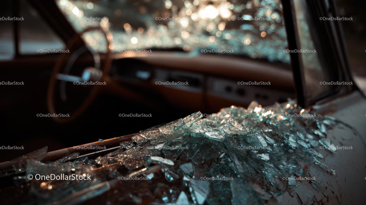 Abandoned Vintage Car with Broken Glass at Sunset