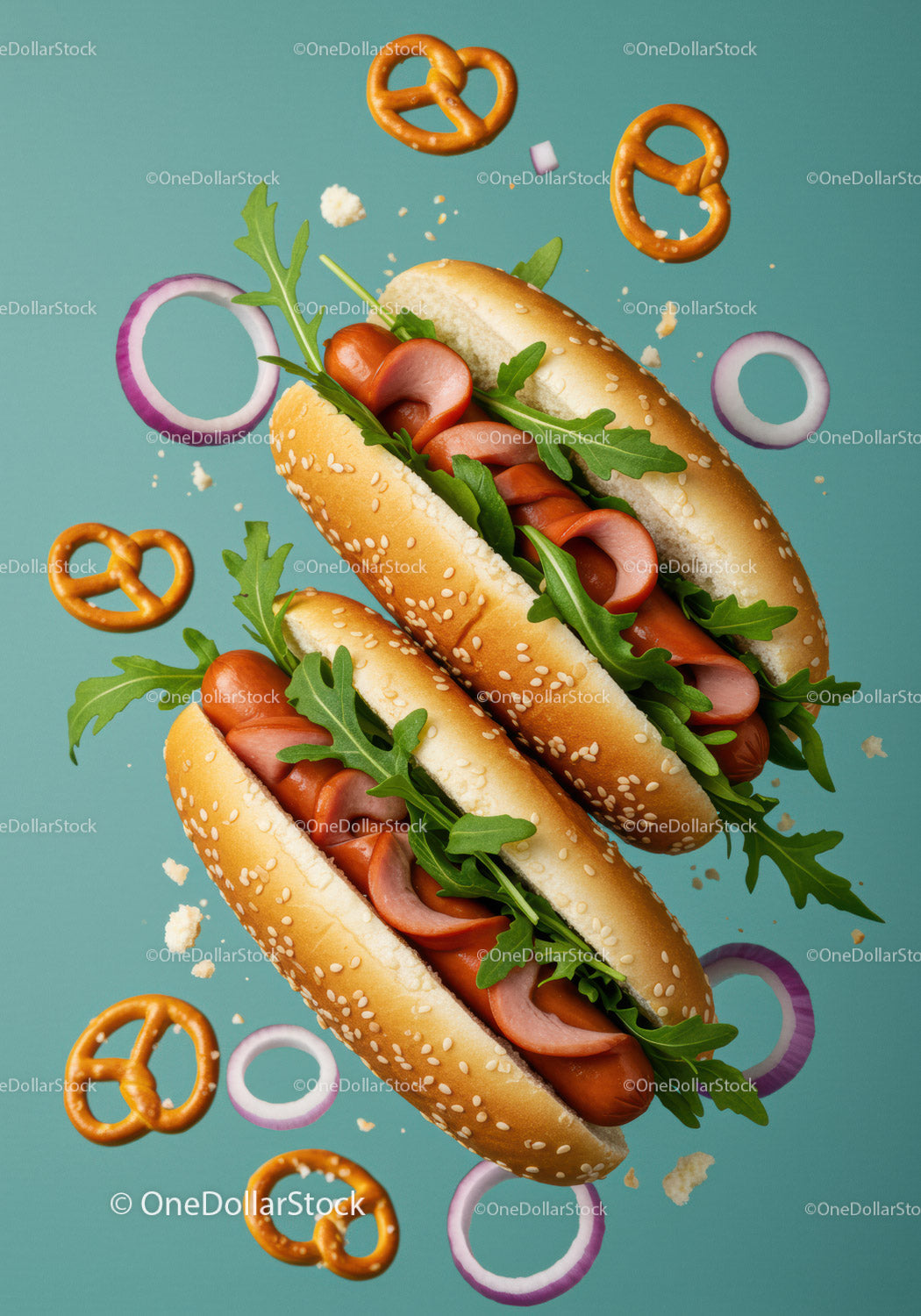 Two hot dogs with arugula and pretzels on blue background