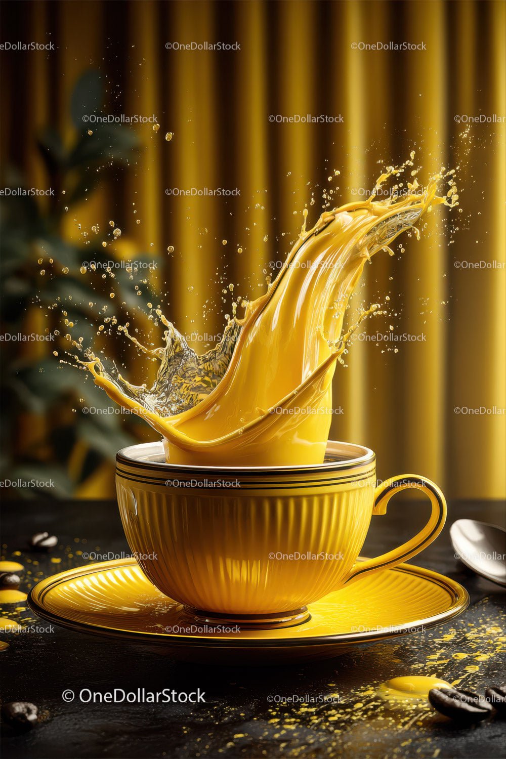 Vibrant Coffee Splash in Yellow Cup with Dynamic Motion