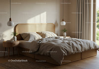 Cozy bedroom with rattan bed and soft natural light