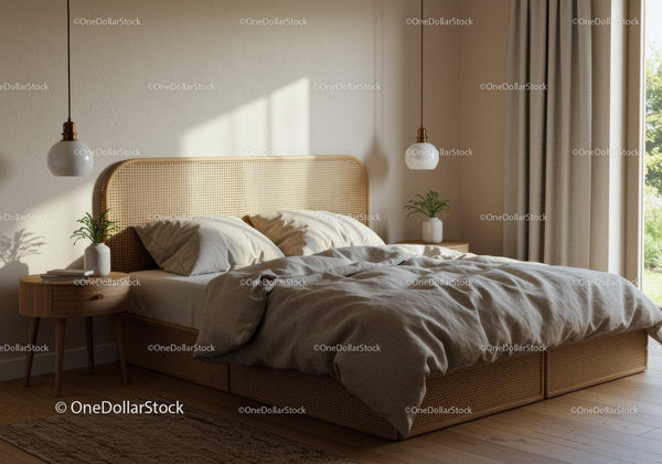 Cozy bedroom with rattan bed and soft natural light