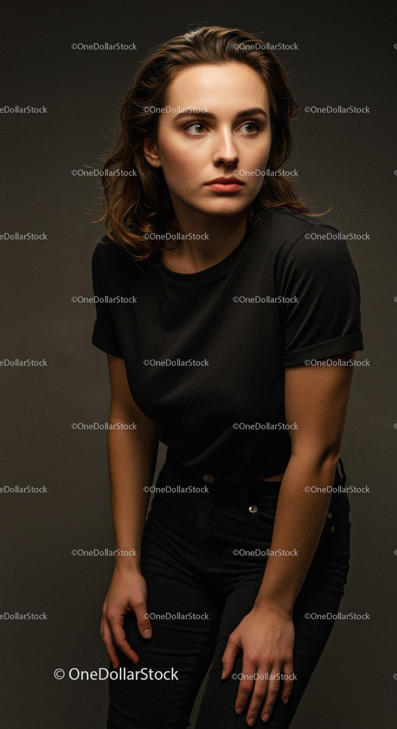 Thoughtful young woman gazing away in dark outfit