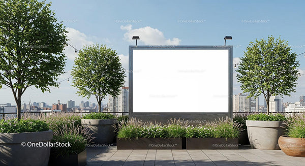 Urban rooftop garden with blank advertising billboard JPG Mockup Image