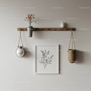 Modern Minimalist Wall Decor Scene with Botanical Vases and Wooden Shelf