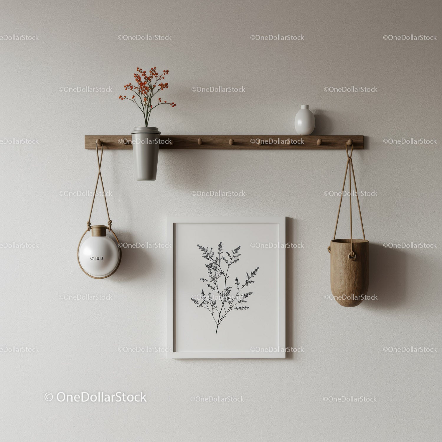 Modern Minimalist Wall Decor Scene with Botanical Vases and Wooden Shelf