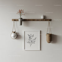 Modern Minimalist Wall Decor Scene with Botanical Vases and Wooden Shelf