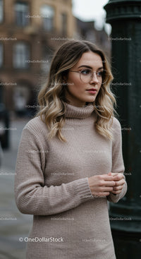 Thoughtful young woman with glasses in cozy beige sweater