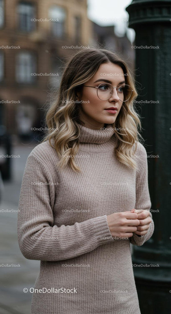 Thoughtful young woman with glasses in cozy beige sweater