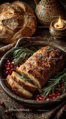Roasted Meat Garnished with Herbs and Pomegranate on Rustic Table