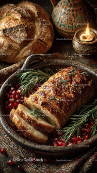 Roasted Meat Garnished with Herbs and Pomegranate on Rustic Table