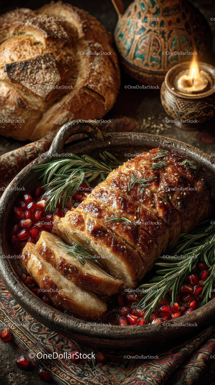 Roasted Meat Garnished with Herbs and Pomegranate on Rustic Table