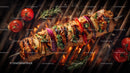 Colorful Grilled Meat and Vegetable Skewers on Barbecue Grill