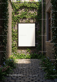 Empty white poster on ivy-covered brick wall alley