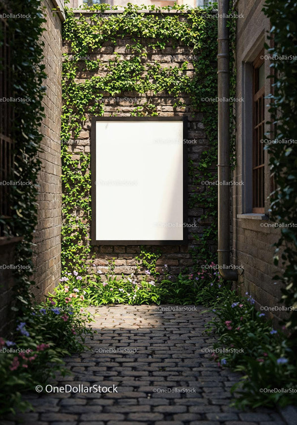 Empty white poster on ivy-covered brick wall alley JPG Mockup Image