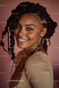Joyful Smiling Woman with Braids and Golden Jewelry Portrait