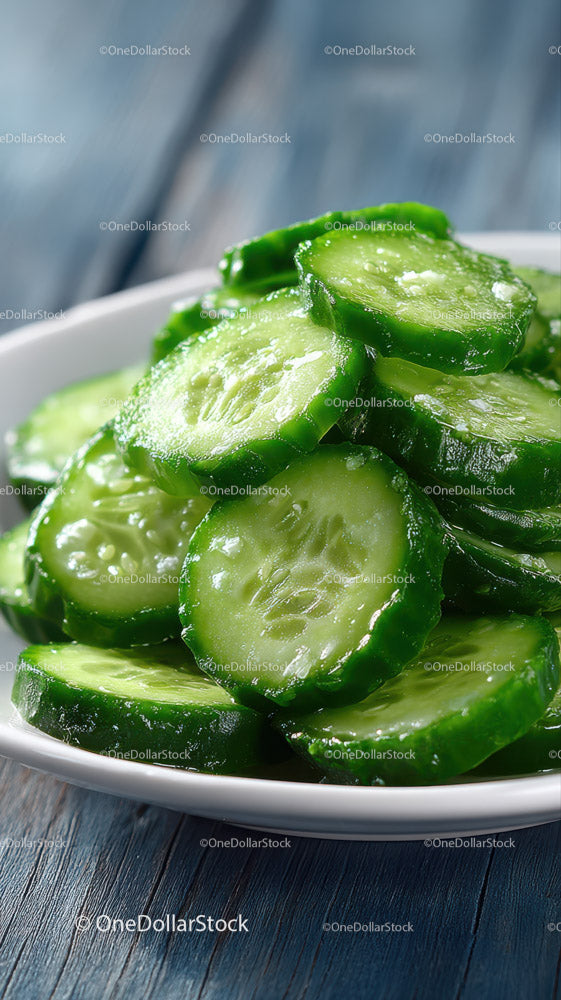 Fresh Cucumber Slices in a White Bowl on Wooden Surface