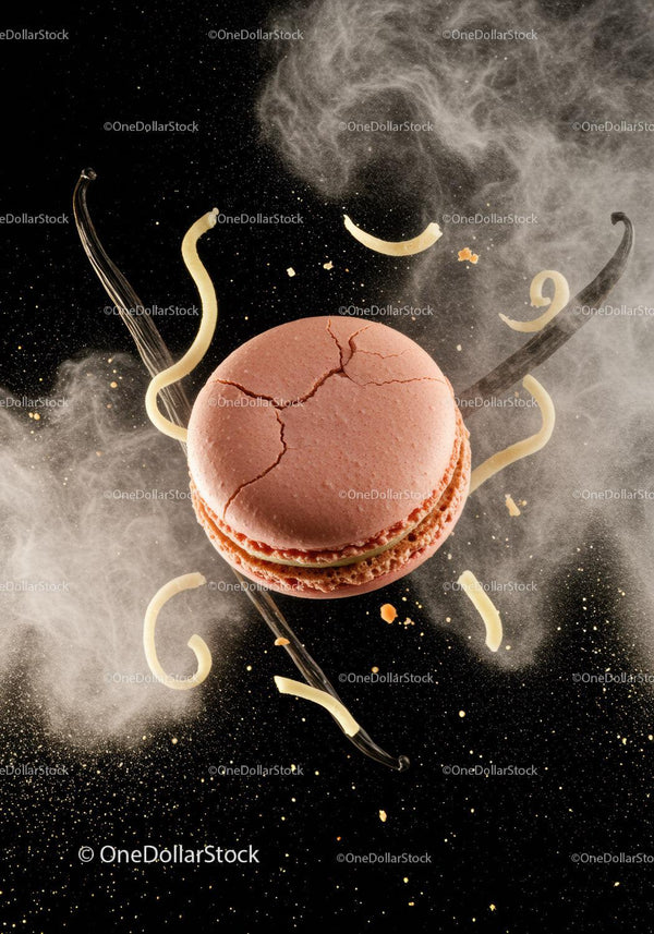 Delicate cracked pink macaron with vanilla pods and powder