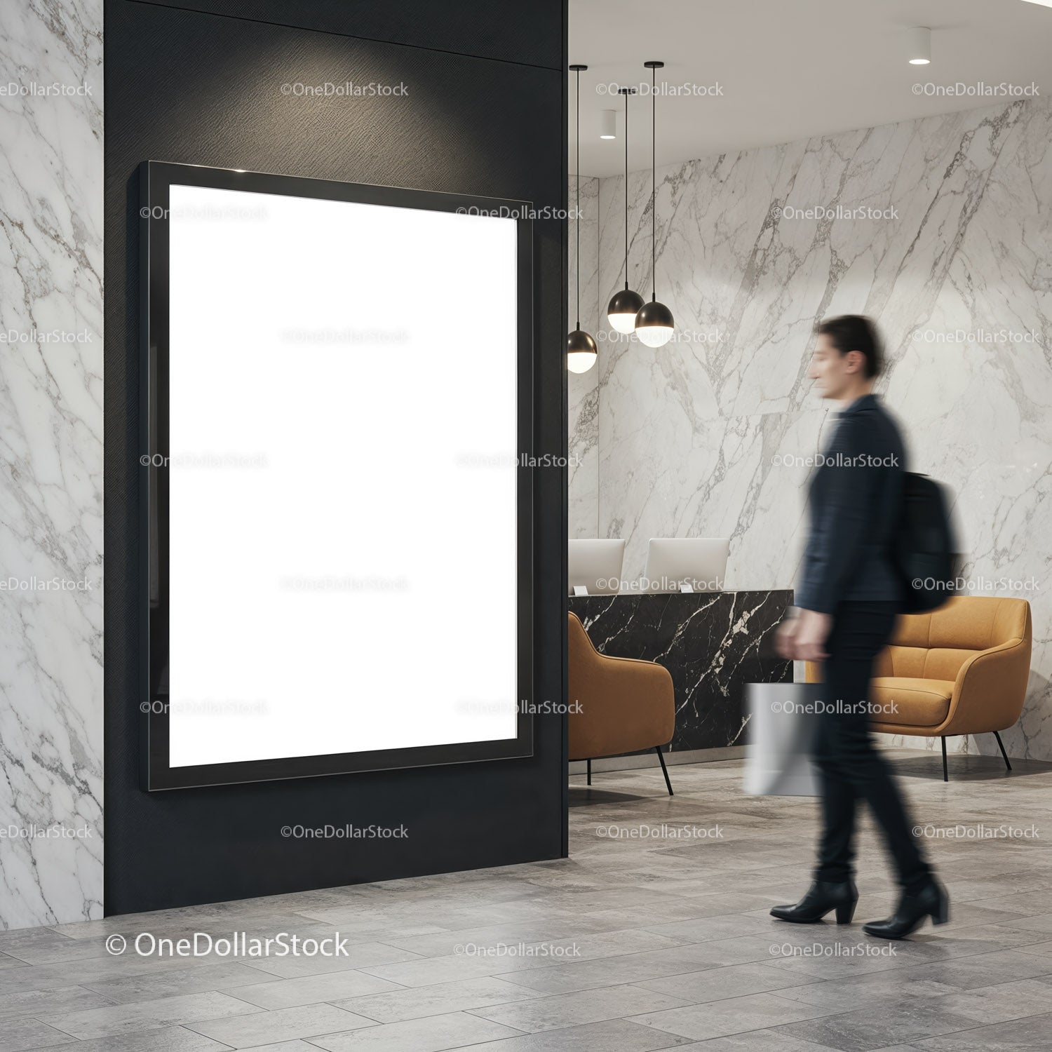 Businesswoman walking past blank digital poster in lobby