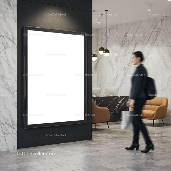 Businesswoman walking past blank digital poster in lobby JPG Mockup Image