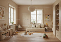 Bright Kid's Playroom with Children's Art and Wooden Toys