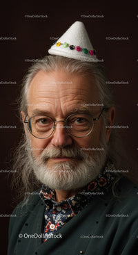 Elderly man in round glasses with whimsical hat