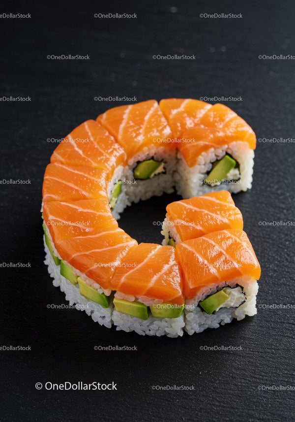 Fresh salmon avocado sushi roll on slate surface