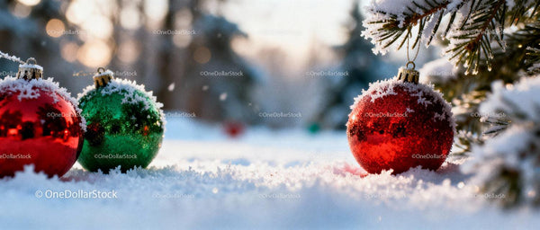 Frosted Christmas Ornaments Resting on Snowy Ground