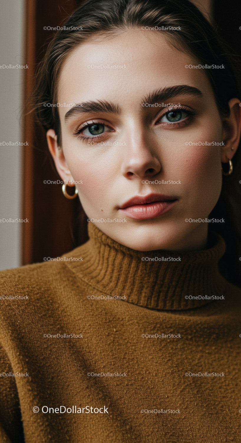 Close-up Portrait of Young Woman with Blue Eyes in Brown Sweater