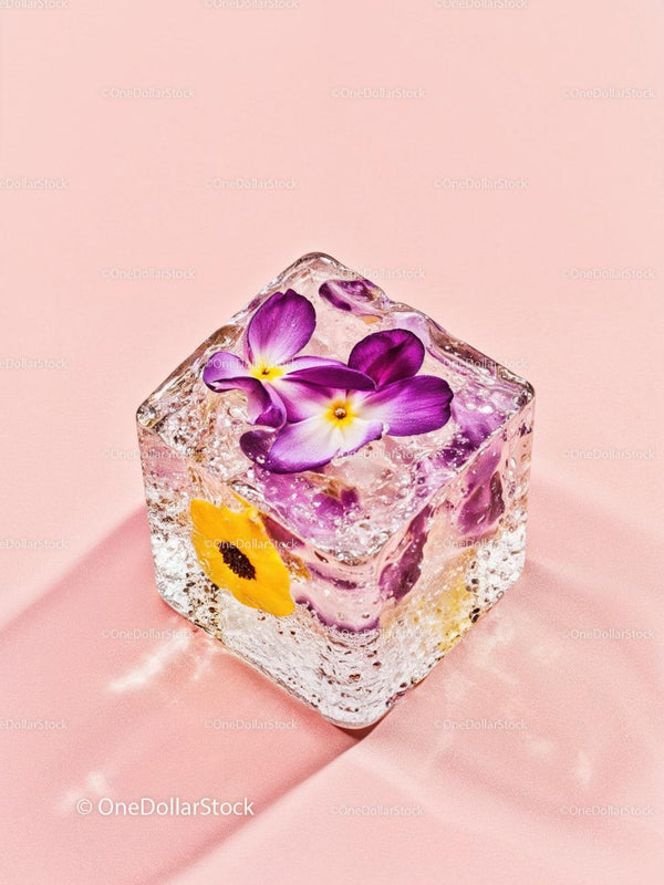 Frozen edible flowers inside a clear ice cube